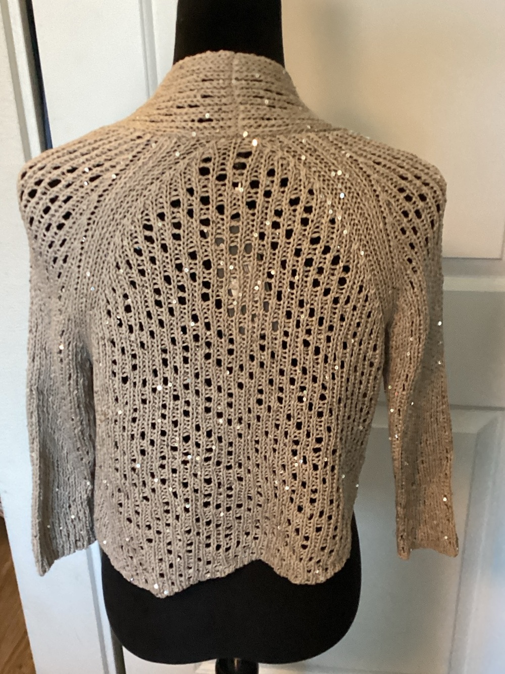 Eileen Fisher Beige Open-Front Sparkle Sequin 3/4 Knit Cardigan XS NWT - Picture 4 of 8
